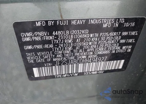 2017 Subaru Forester 2.5I from USA, damaged, VIN JF2SJABC0HH494927